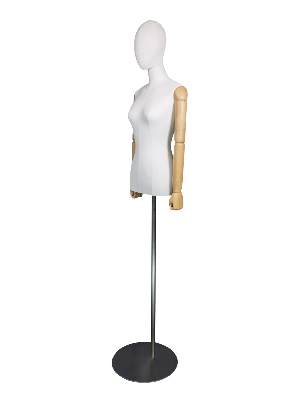 xintu-premium-fabric-half-body-female-display-mannequin-wooden-hands-silver-round-base-side Премиальный женский манекен Xintu из ткани, состоящий из полуторной части, с деревянными руками и серебряной круглой основой для демонстрации в бутиках