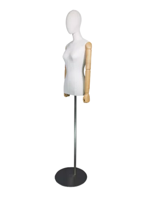 xintu-premium-fabric-half-body-female-display-mannequin-wooden-hands-silver-round-base-side Премиальный женский манекен Xintu из ткани, состоящий из полуторной части, с деревянными руками и серебряной круглой основой для демонстрации в бутиках