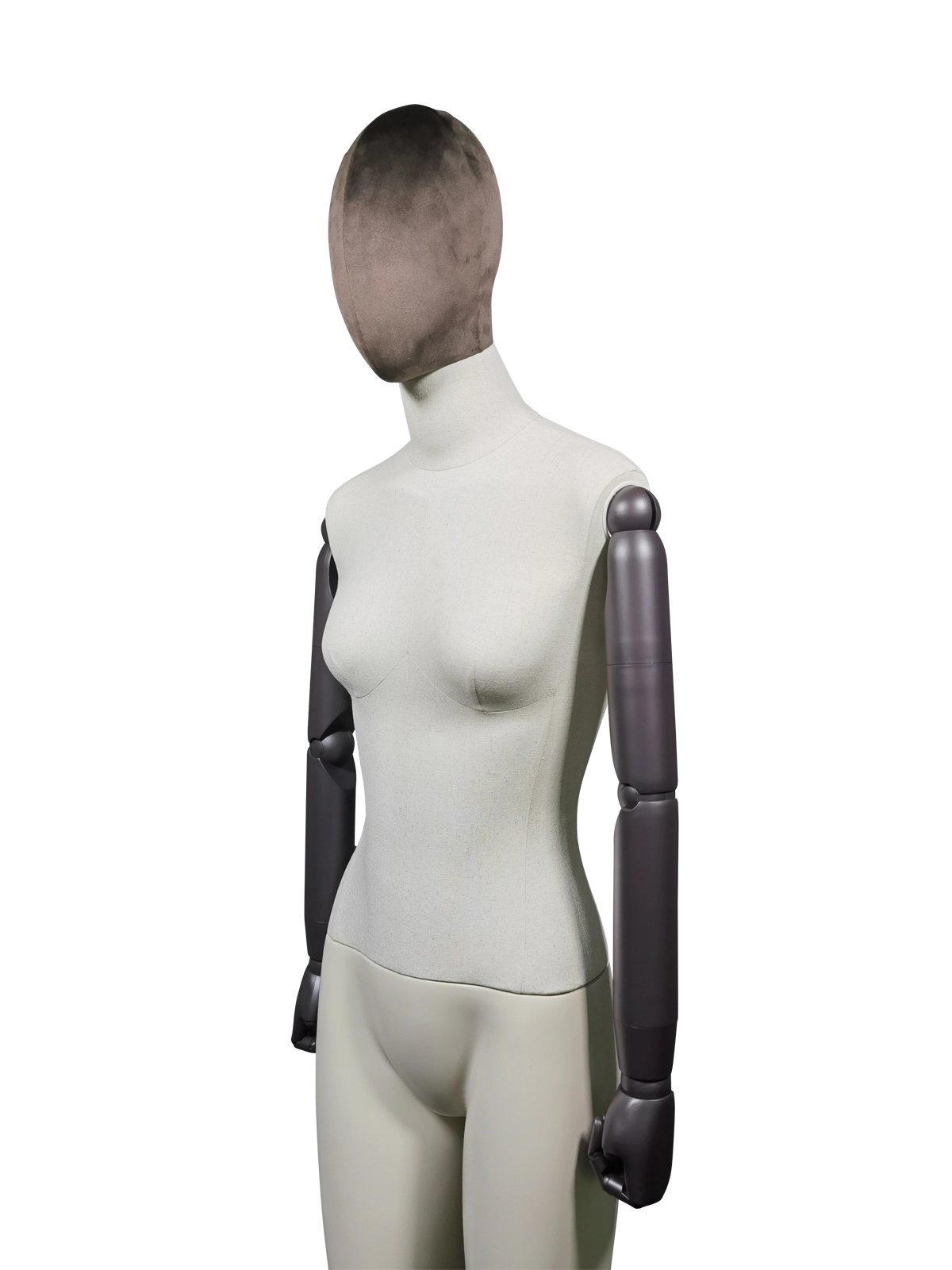 xintuプレミアム女性ディスプレイマネキン、ベルベット素材の頭部、布製の胴体、調節可能なダークアーム、角度付き XINTU 女性マネキンの斜めから見た図。濃いベルベットの抽象的な頭部、明るいリネンの胴体、濃い調節可能な腕が示されています。.