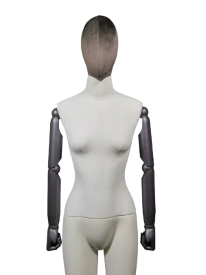 xintuプレミアム女性ディスプレイマネキン、ベルベット素材の頭部、胴体部分、調節可能なダークアーム、前面ディテール 濃いベルベットの抽象的な頭部、明るいリネンのボディ、暗い調節可能な腕を備えた XINTU 女性マネキンの胴体。.