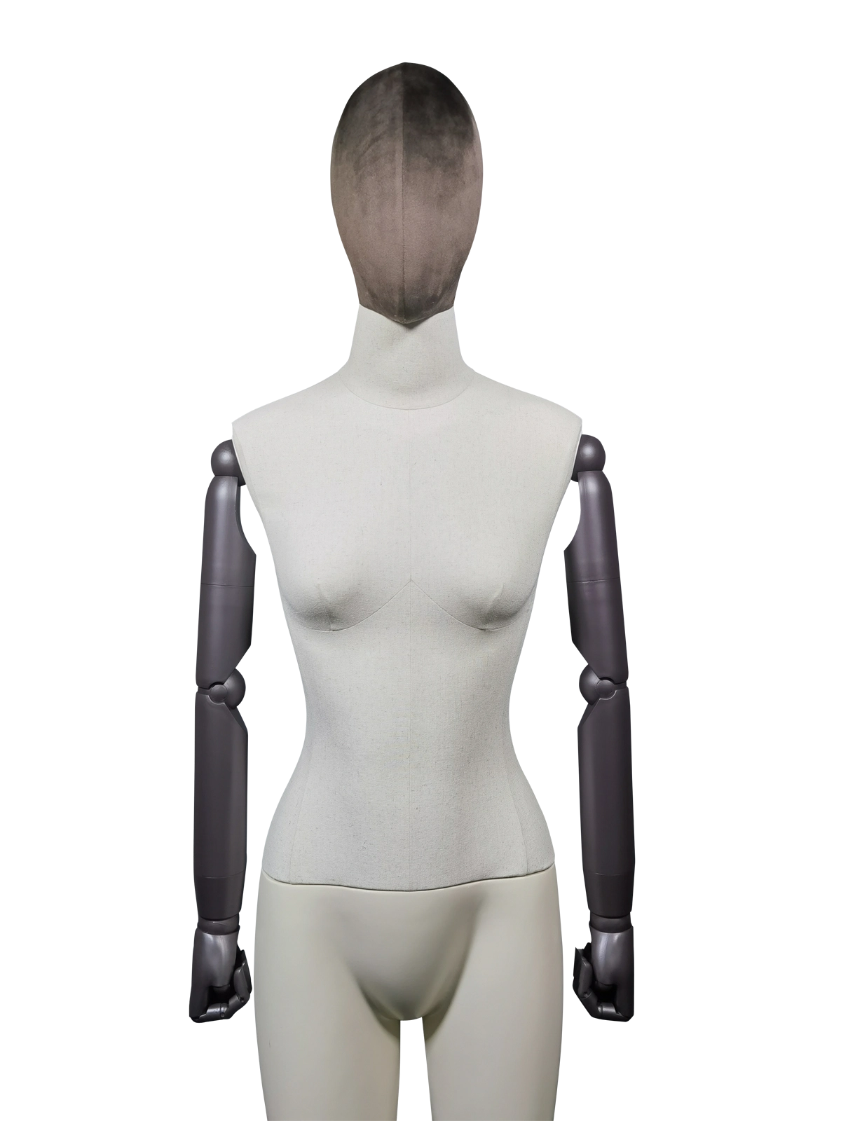 xintuプレミアム女性ディスプレイマネキン、ベルベット素材の頭部、胴体部分、調節可能なダークアーム、前面ディテール 濃いベルベットの抽象的な頭部、明るいリネンのボディ、暗い調節可能な腕を備えた XINTU 女性マネキンの胴体。.