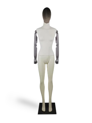 xintuプレミアム女性全身ディスプレイマネキン、ベルベット素材ヘッド、胴体調整可能、ダークアーム、ブラックスクエアベース、フロント ベルベットの抽象的な頭部、リネンで覆われた胴体、調節可能な黒い腕、および黒い四角い台座を備えた XINTU 全身女性マネキン。.