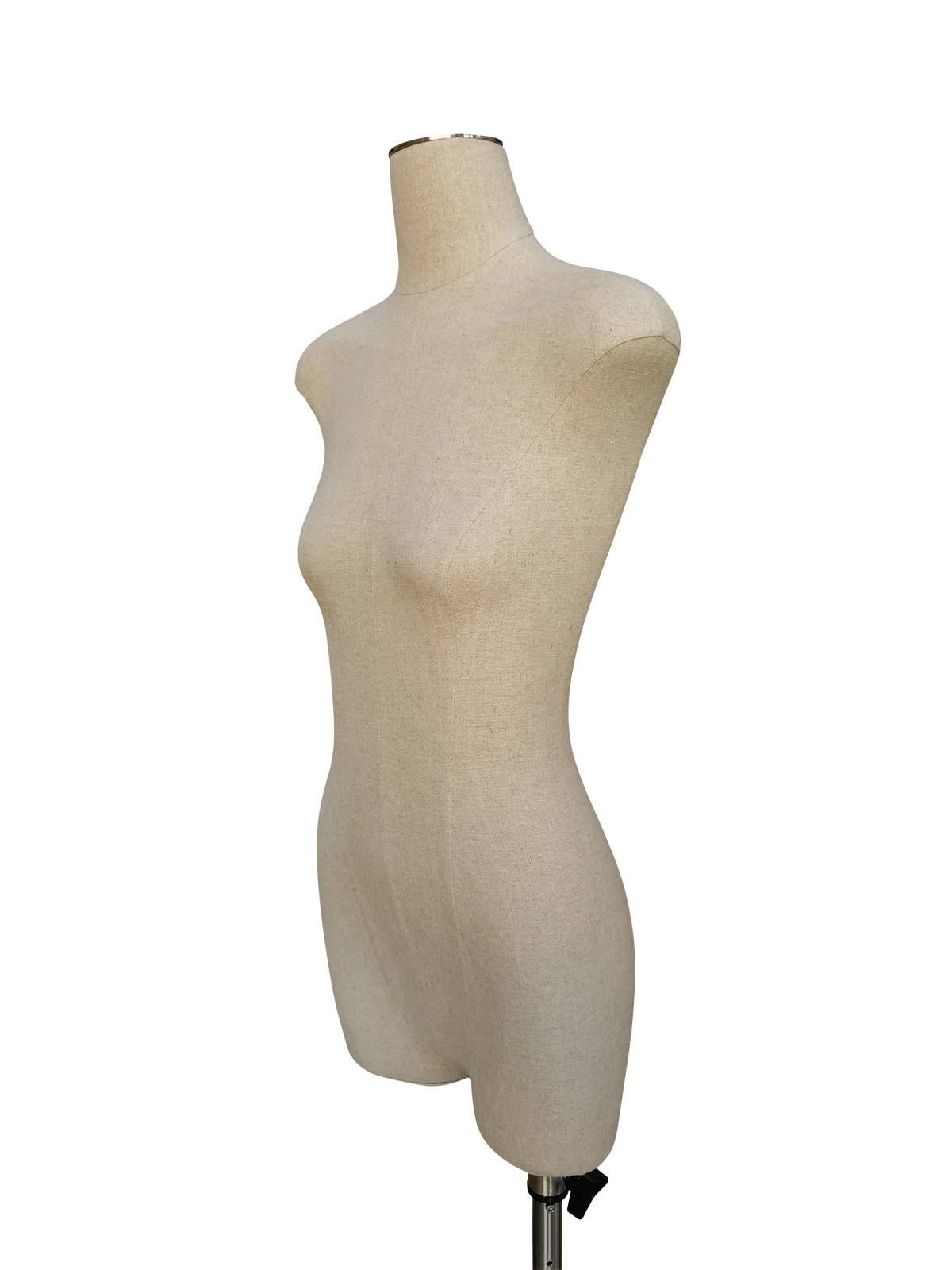 Maniquí de medio cuerpo femenino de lino Xintu, torso sin cabeza ni brazos, vista lateral para escaparate de boutique
