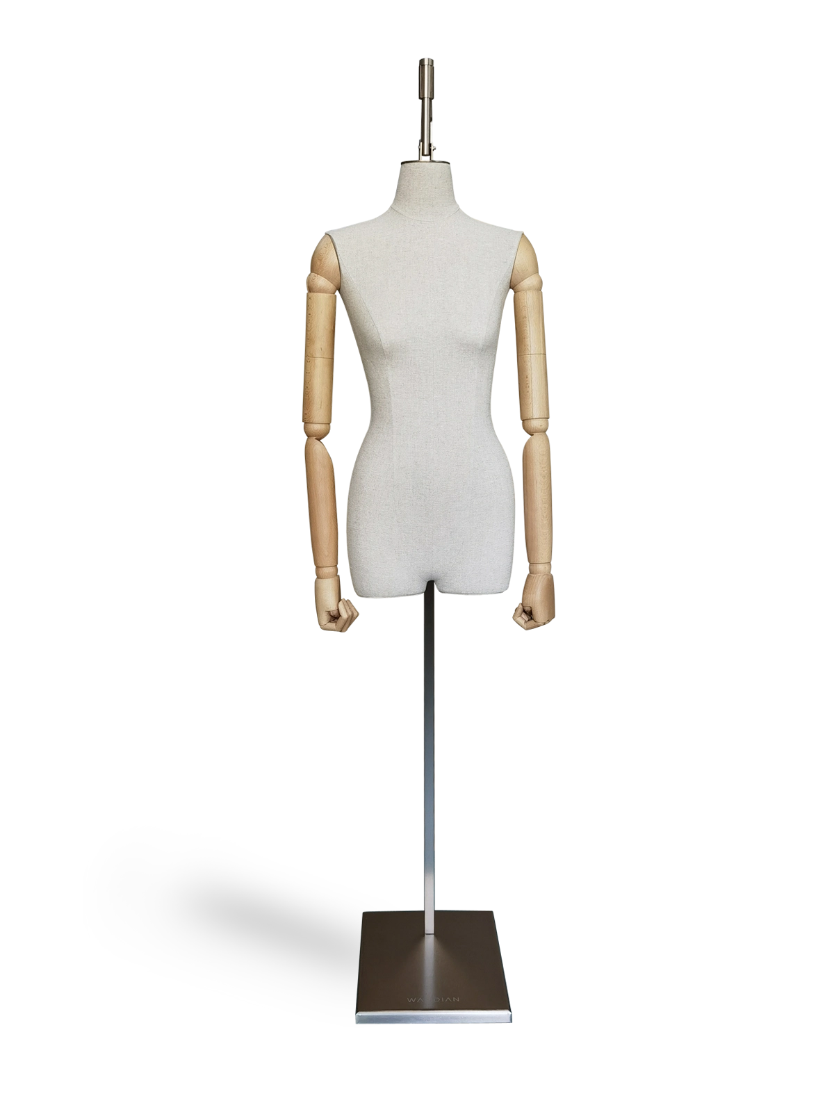 Maniquí femenino de medio cuerpo Xintu, de lino premium, con brazos de madera ajustables y base de metal cepillado, ideal para exhibir en boutiques.