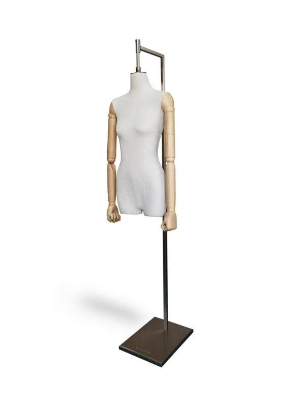 xintu premium linen half-body female mannequin with adjustable wooden arms angled view on brushed bronze base