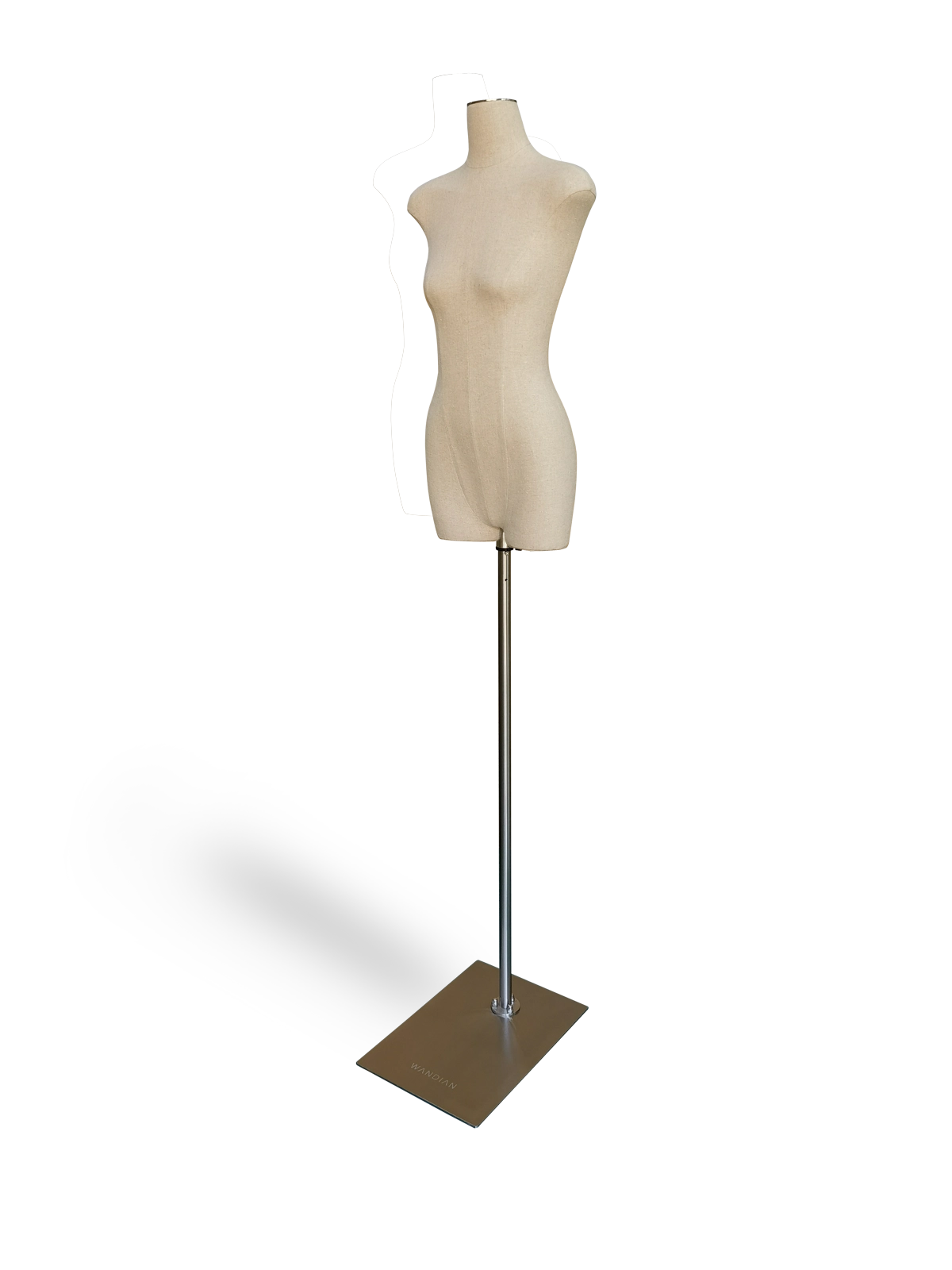 Maniquí femenino de medio cuerpo de lino Xintu, sin cabeza ni brazos, con base rectangular de metal cepillado y vista en ángulo, ideal para exhibir en boutiques de moda.