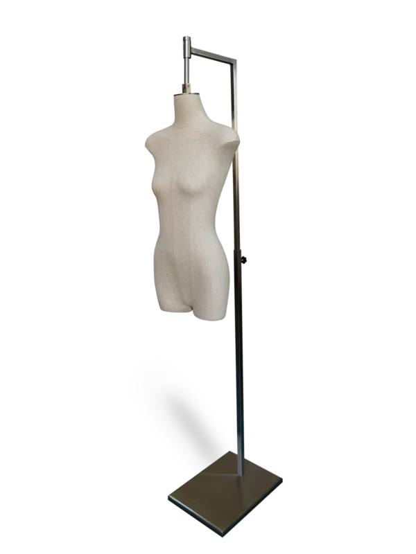 xintu premium linen half-body female mannequin angled view with brushed metal base for boutique display