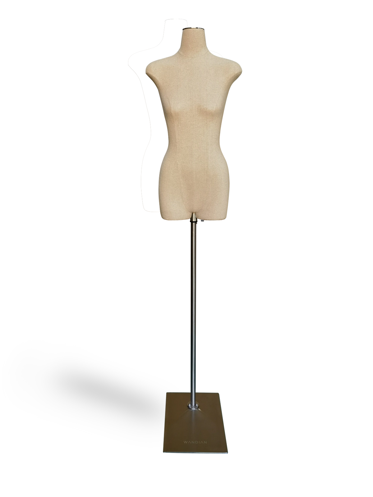 Maniquí femenino de medio cuerpo de lino Xintu, sin cabeza ni brazos, con base rectangular de metal cepillado para exhibición en boutiques de moda.