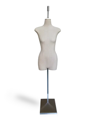 Maniquí femenino de medio cuerpo de lino premium xintu, vista frontal, con base de metal cepillado para exhibición de moda.