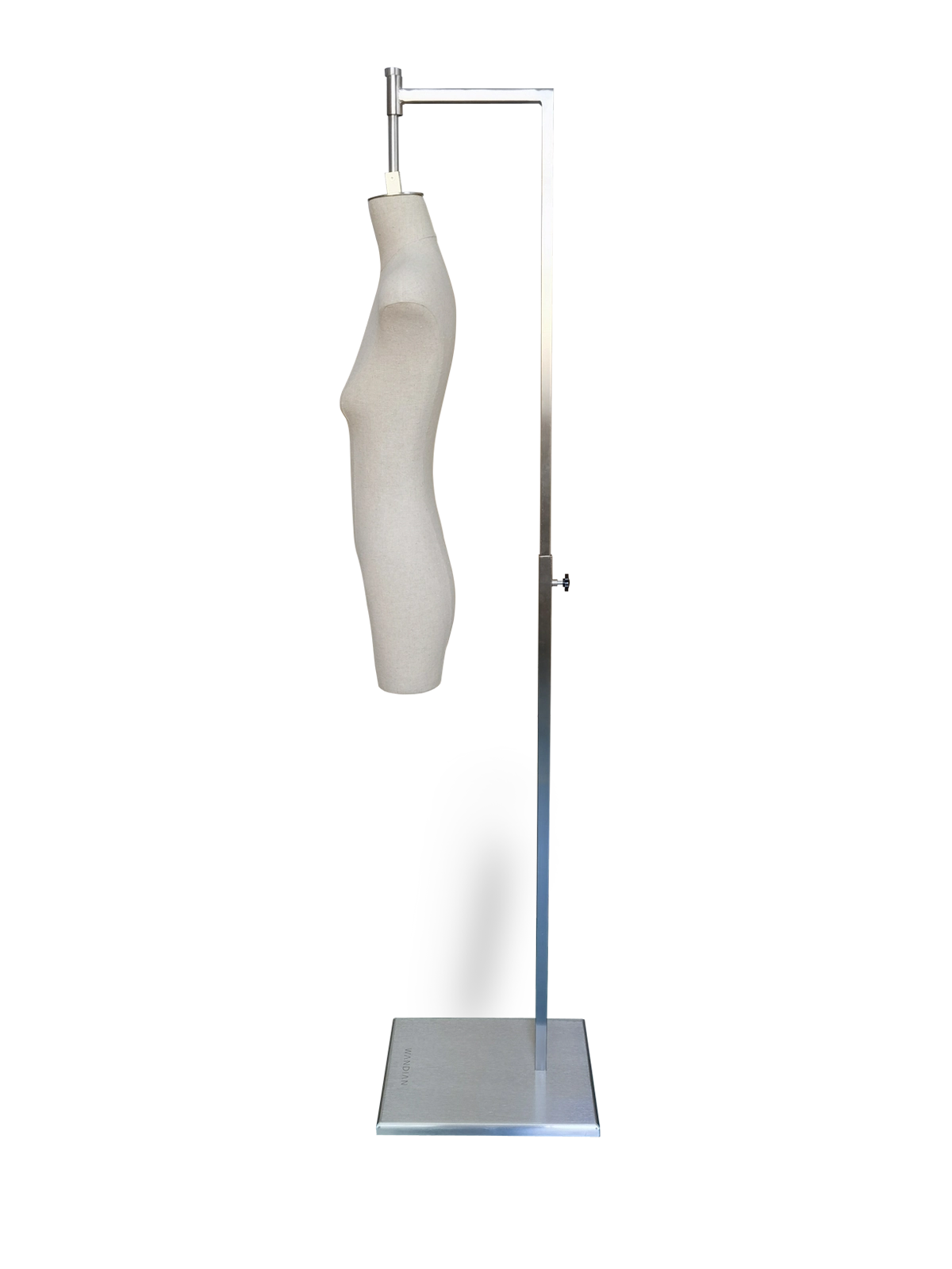 Maniquí femenino de medio cuerpo de lino premium xintu, vista lateral, con base de metal cepillado para exhibición en boutiques.