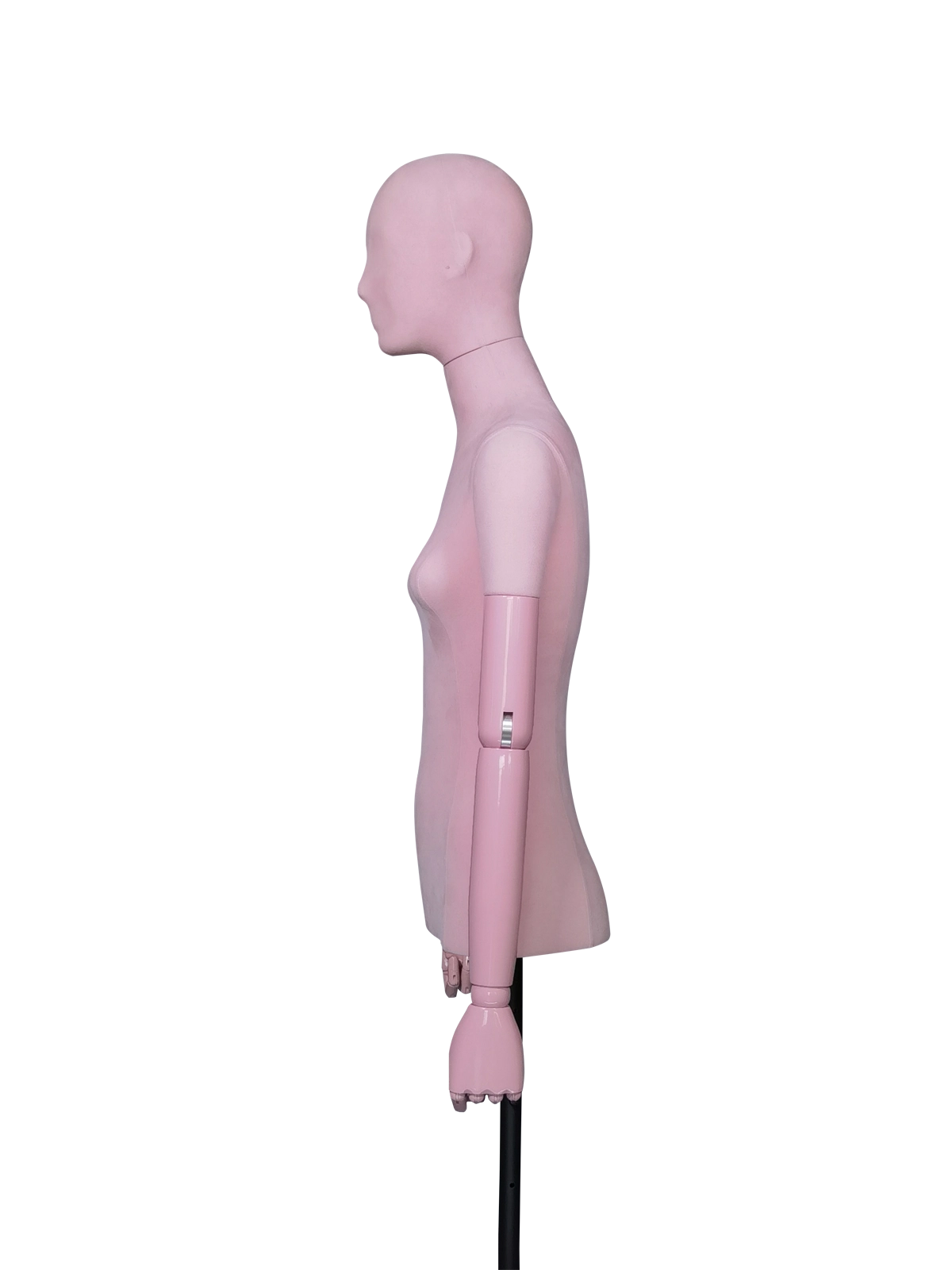 Maniquí de exhibición femenino de medio cuerpo de terciopelo premium xintu, vista lateral, brazos de plástico ABS Maniquí femenino de medio cuerpo de terciopelo premium Xintu con brazos ajustables de plástico ABS, vista lateral para exhibición en boutiques de moda.