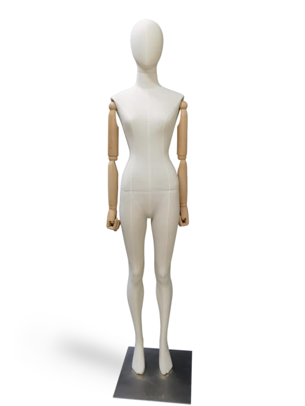 xintu female full body mannequin front view wrapped in beige linen fabric with adjustable wooden arms and square metal base