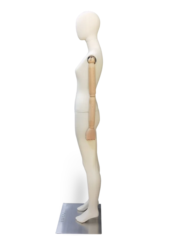 xintu female full body mannequin side profile wrapped in beige linen fabric with adjustable wooden arms and square metal base