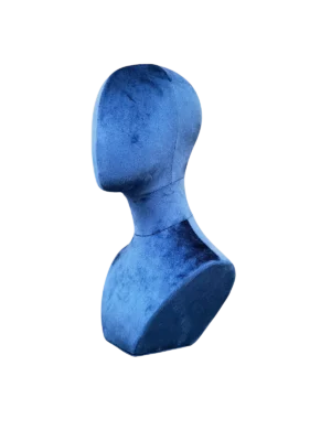 xintu-blue-velvet-jewelry-display-head-angled-view Angled view of a XINTU abstract mannequin head and neck bust, upholstered in deep blue velvet for accessory display.