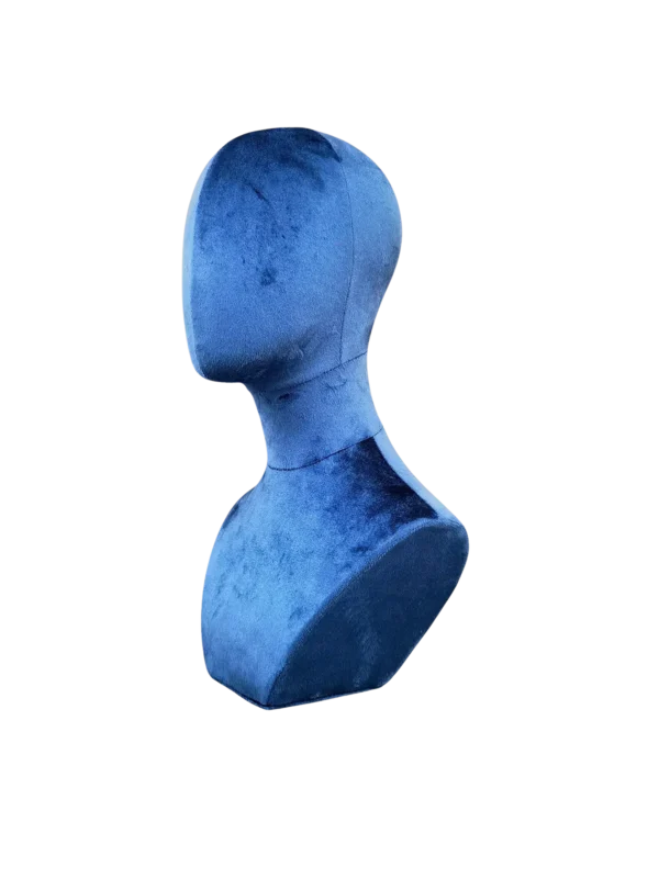 Angled view of a XINTU abstract mannequin head and neck bust, upholstered in deep blue velvet for accessory display.
