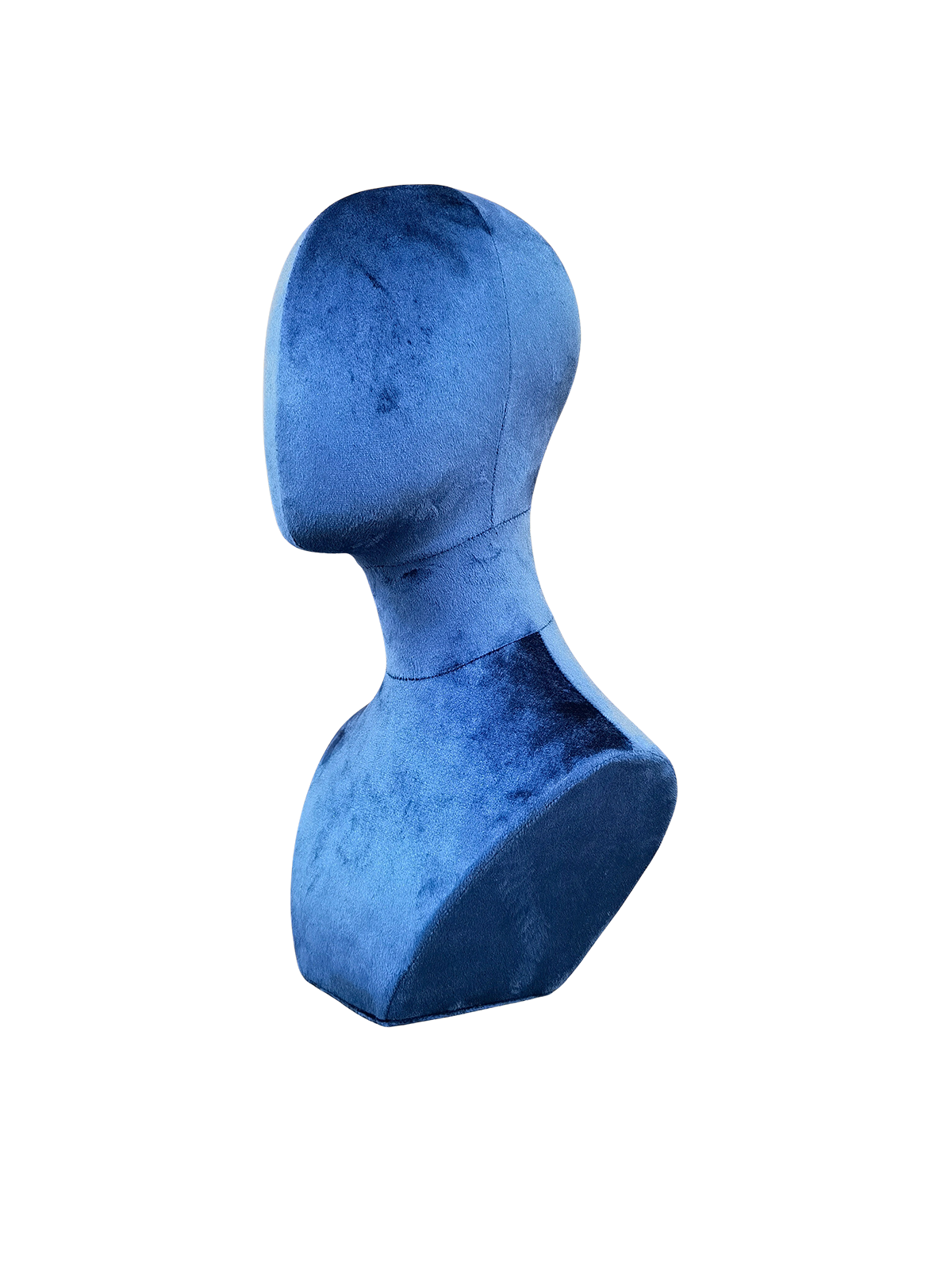 xintu-blue-velvet-jewelry-display-head-angled-view Angled view of a XINTU abstract mannequin head and neck bust, upholstered in deep blue velvet for accessory display.