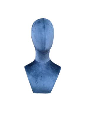 xintu-blue-velvet-jewelry-display-head-front-view Front view of a XINTU abstract mannequin head and neck bust, upholstered in deep blue velvet for accessory display.