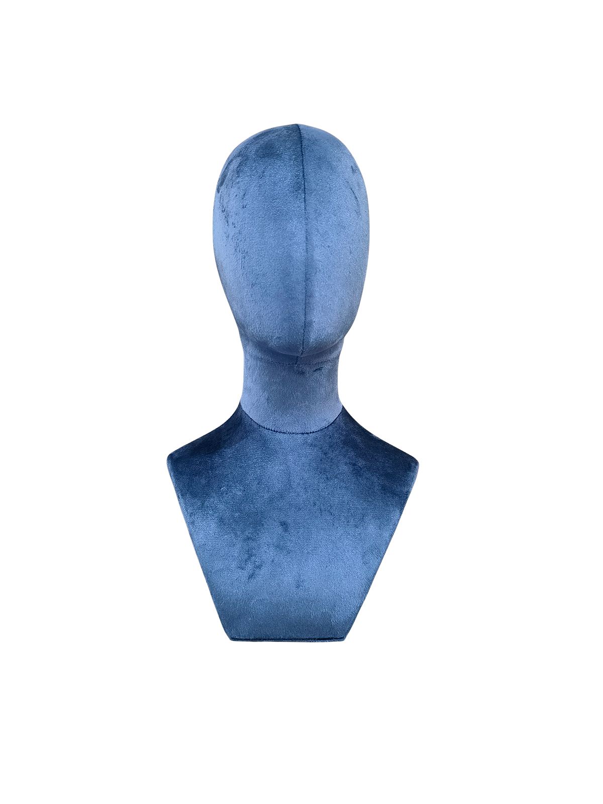 xintu-blue-velvet-jewelry-display-head-front-view Front view of a XINTU abstract mannequin head and neck bust, upholstered in deep blue velvet for accessory display.