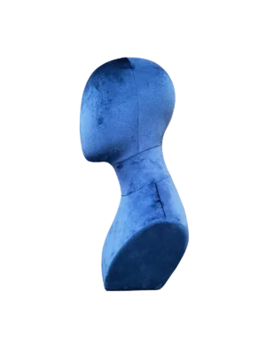 xintu-blue-velvet-jewelry-display-head-side-view Side profile of a XINTU abstract mannequin head and neck bust, upholstered in deep blue velvet for accessory display.