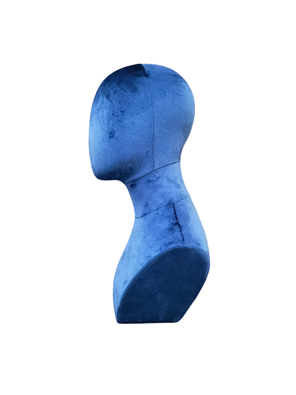 xintu-blue-velvet-jewelry-display-head-side-view Side profile of a XINTU abstract mannequin head and neck bust, upholstered in deep blue velvet for accessory display.