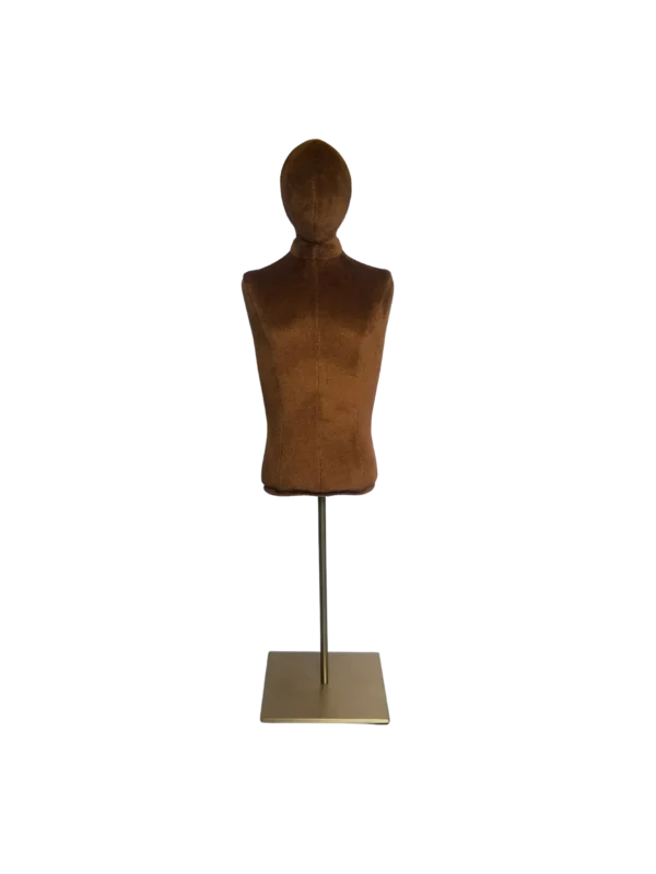 Front view of a XINTU male mini-torso display mannequin, upholstered in brown velvet, on a square metal stand.