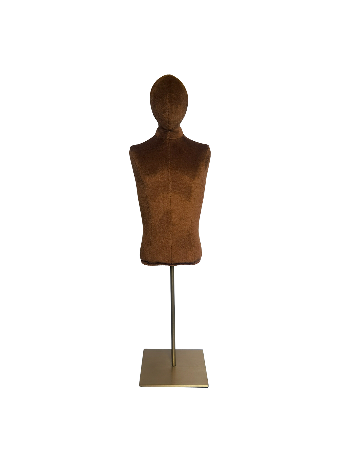 Vista frontal de un maniquí de exhibición de torso masculino XINTU, tapizado en terciopelo marrón, sobre un soporte metálico cuadrado.