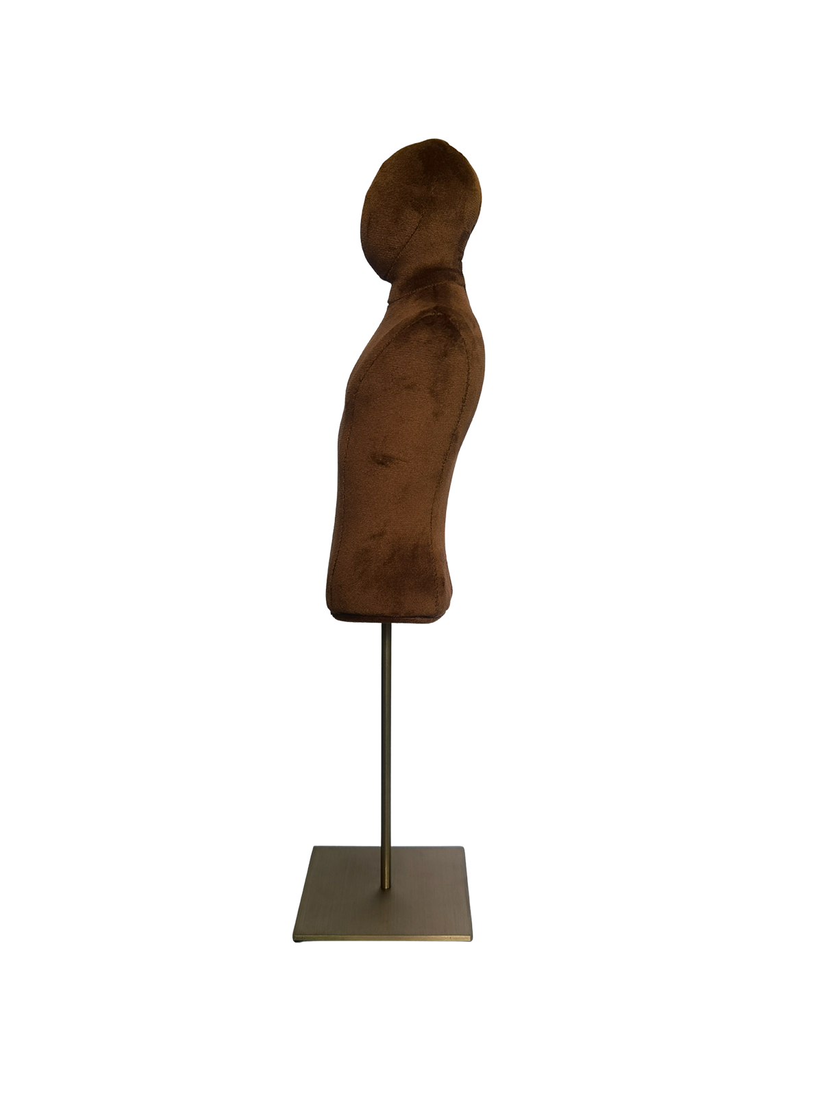 Perfil lateral de un busto masculino XINTU, tapizado en terciopelo marrón, sin brazos, sobre una base cuadrada de metal.