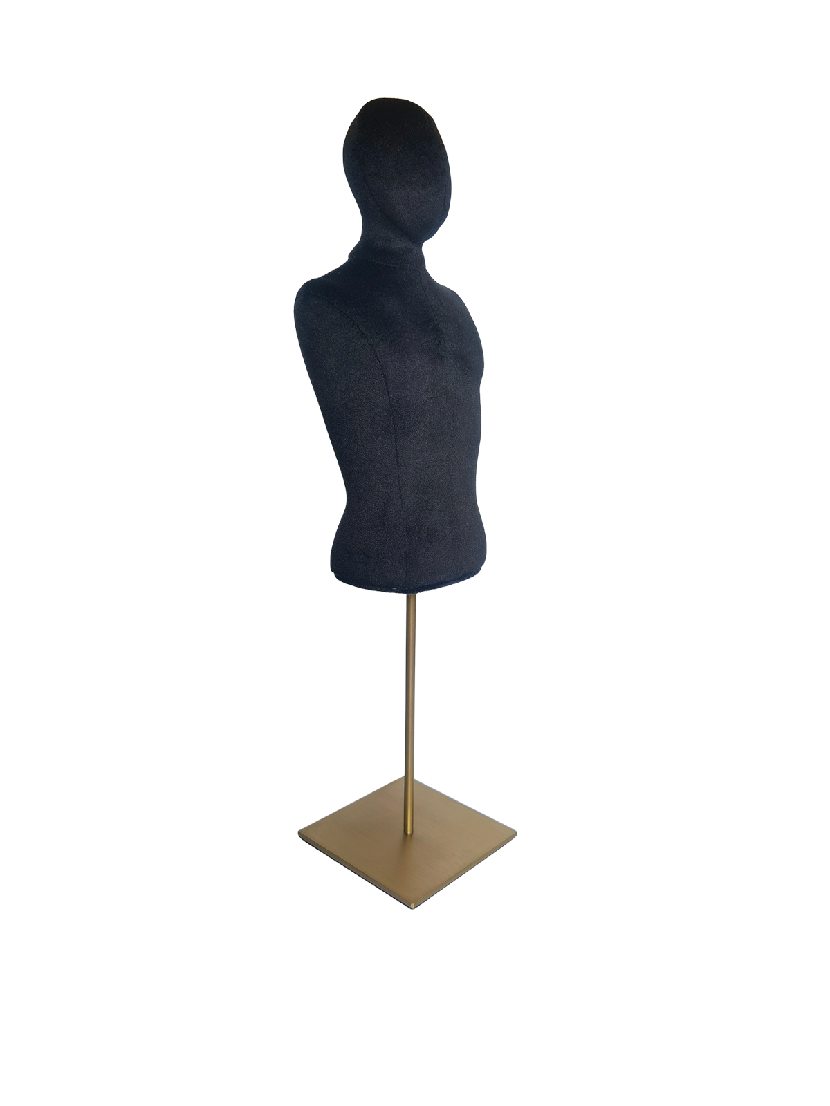 xintu-dunkelgrauer-Samt-Mini-Männertorso-Schaufensterpuppe mit quadratischem Metallsockel Schräge Ansicht einer XINTU-Männerbüste, bezogen mit dunkelgrauem Samt, armlos, mit einem quadratischen Metallsockel.