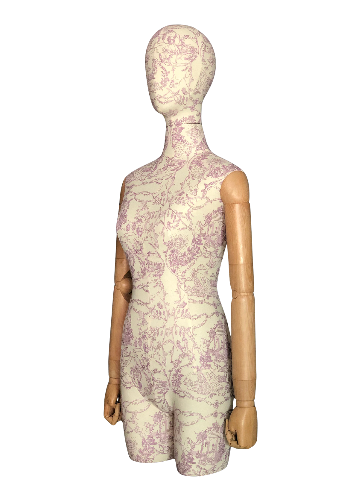 มุมมองมุมสูงของหุ่นจำลองหญิง XINTU ที่มีผ้าลายดอกไม้สีอ่อน หัวแบบนามธรรม และแขนไม้แบบขยับได้.