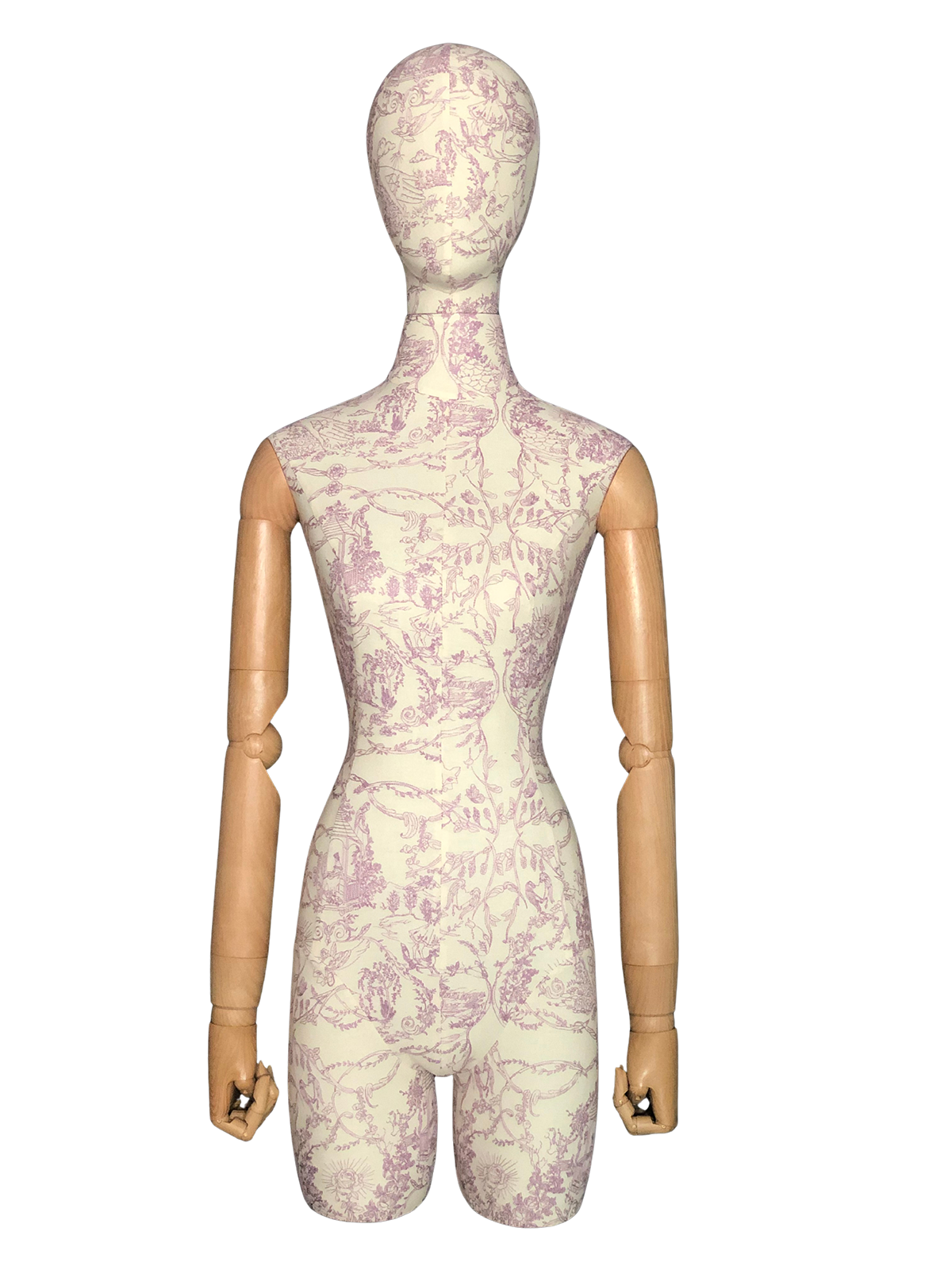 ภาพระยะใกล้ด้านหน้าของหุ่นจำลองหญิง XINTU ที่มีผ้าลายดอกไม้สีอ่อน หัวแบบนามธรรม และแขนไม้แบบขยับได้.