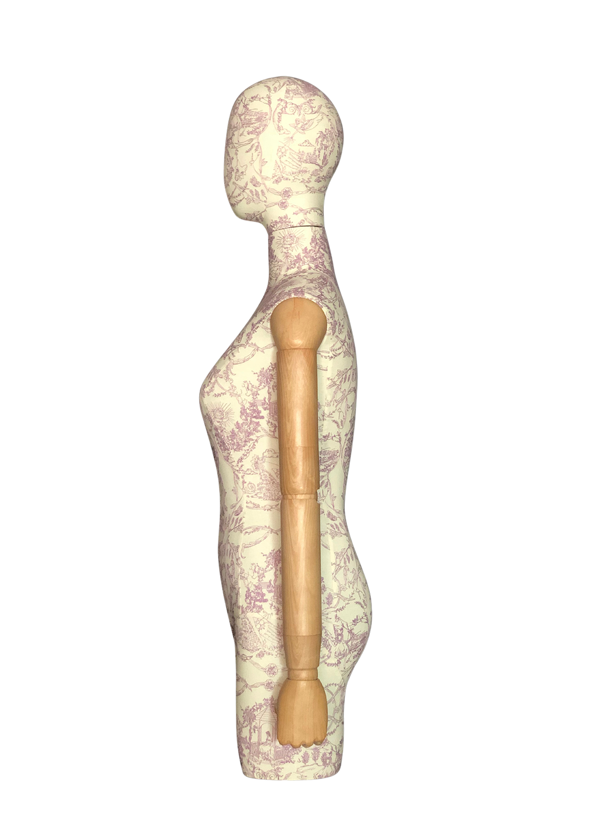 ด้านข้างของหุ่นจำลองลำตัวหญิงของ XINTU ที่มีลวดลายผ้าดอกไม้ หัวแบบนามธรรม และแขนไม้แบบขยับได้.