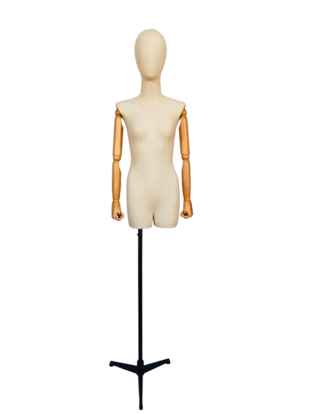 mannequin féminin en lin beige avec bras articulés en bois et socle trépied noir