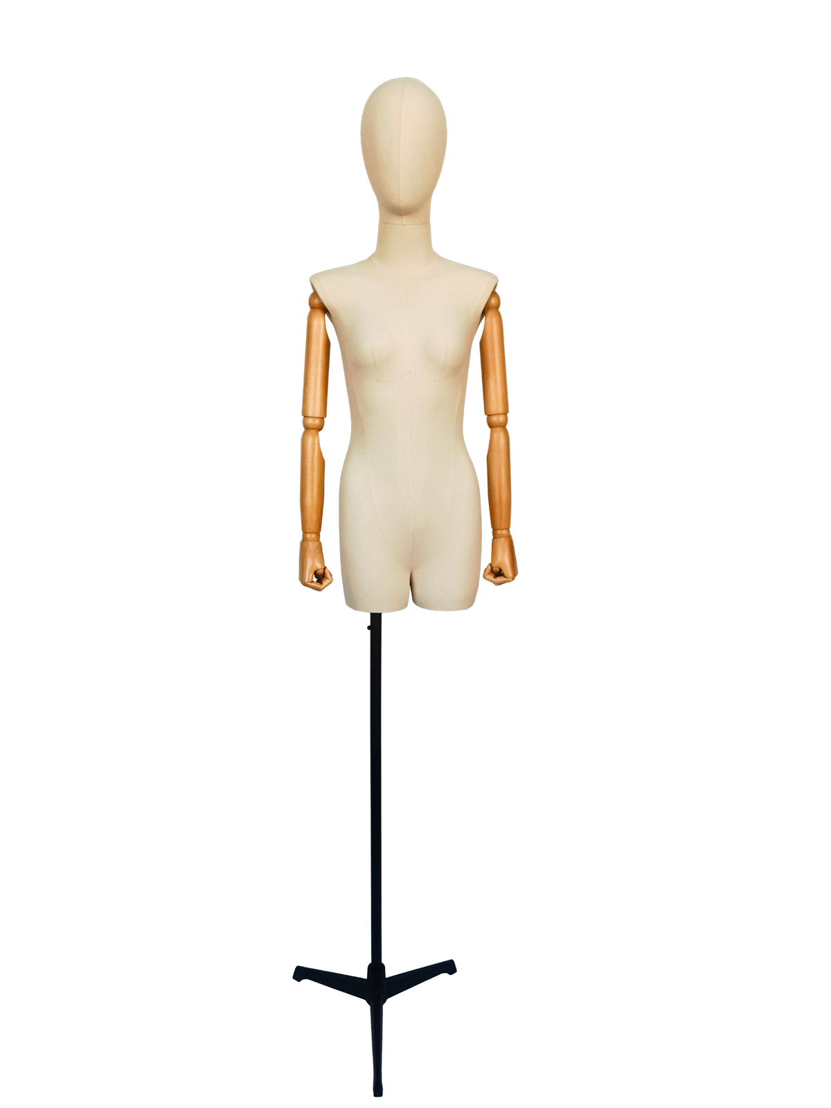 Vista frontal de um manequim de torso feminino XINTU, apresentando um corpo de tecido branco-sujo, cabeça abstrata, braços articulados de madeira de faia e um suporte preto.