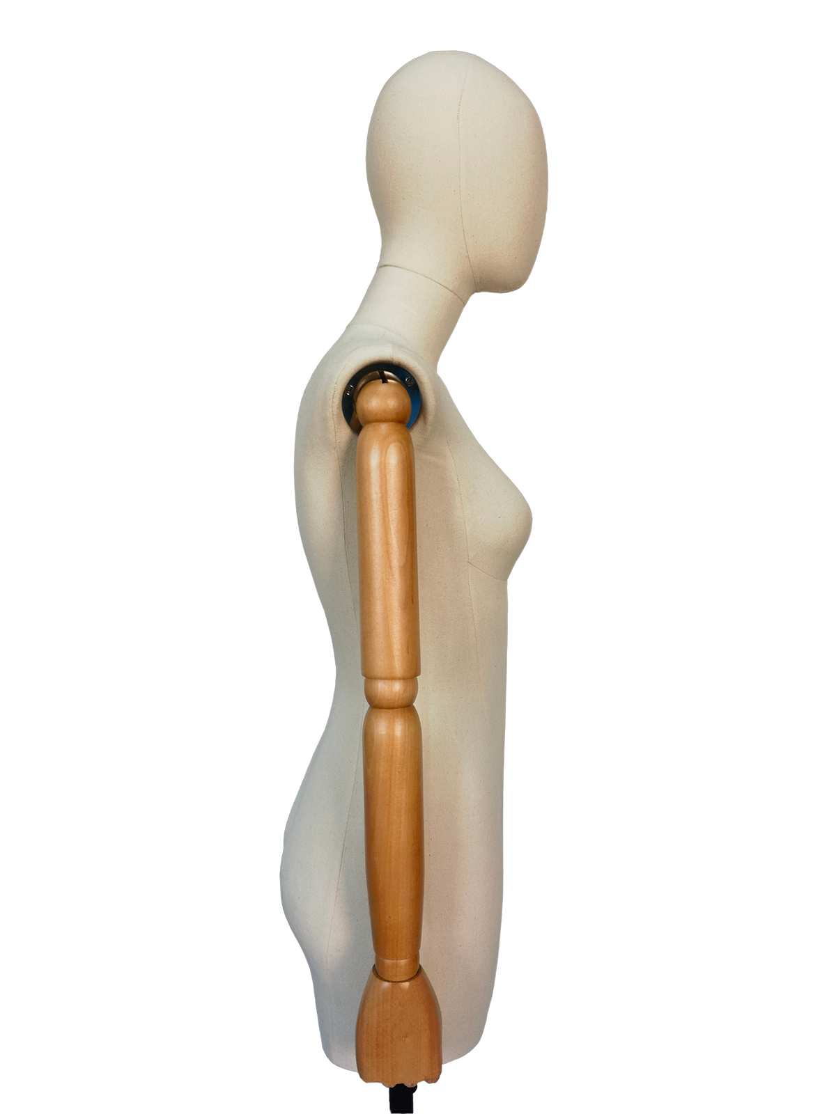 Perfil lateral do torso de um manequim feminino XINTU, apresentando um corpo em tecido branco-sujo, cabeça abstrata e braços articulados em madeira de faia.