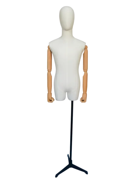 mannequin masculin en lin blanc, avec bras articulés en bois et socle trépied noir