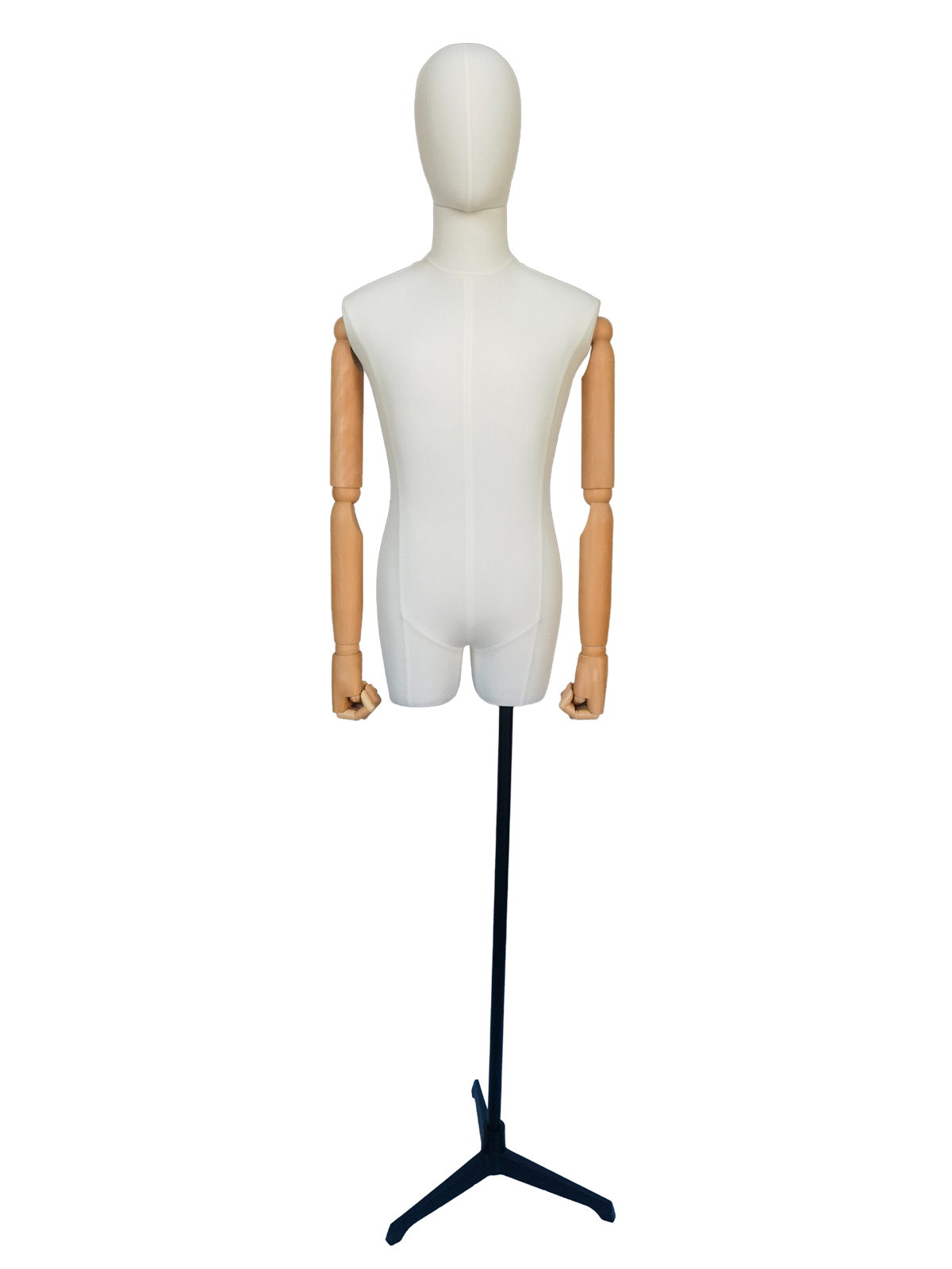 Vista frontal de un maniquí de torso masculino XINTU, con cuerpo de tela color crema, cabeza abstracta, brazos articulados de madera de haya y soporte negro.