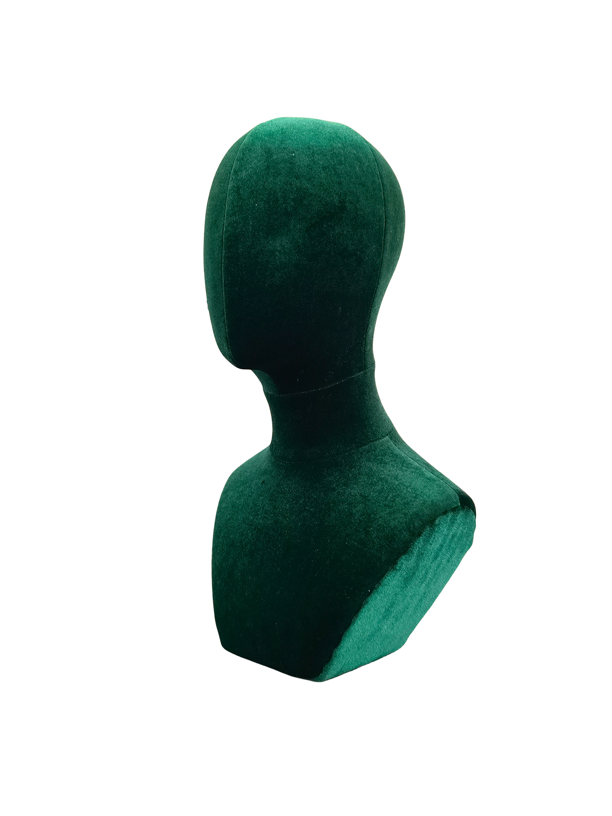Vista en ángulo de un busto abstracto de cabeza y cuello de maniquí masculino XINTU, tapizado en terciopelo verde oscuro.