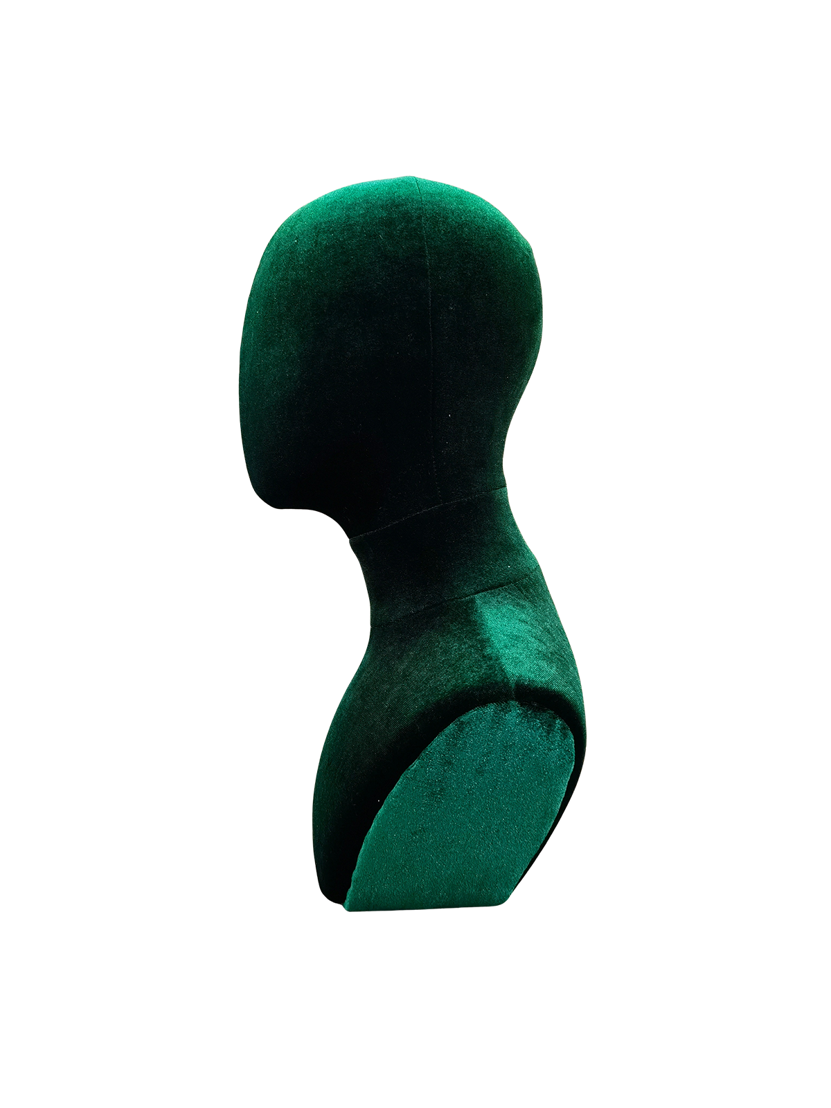 Perfil lateral de una cabeza de maniquí masculino abstracto XINTU, tapizada en terciopelo verde oscuro para exhibición de accesorios.