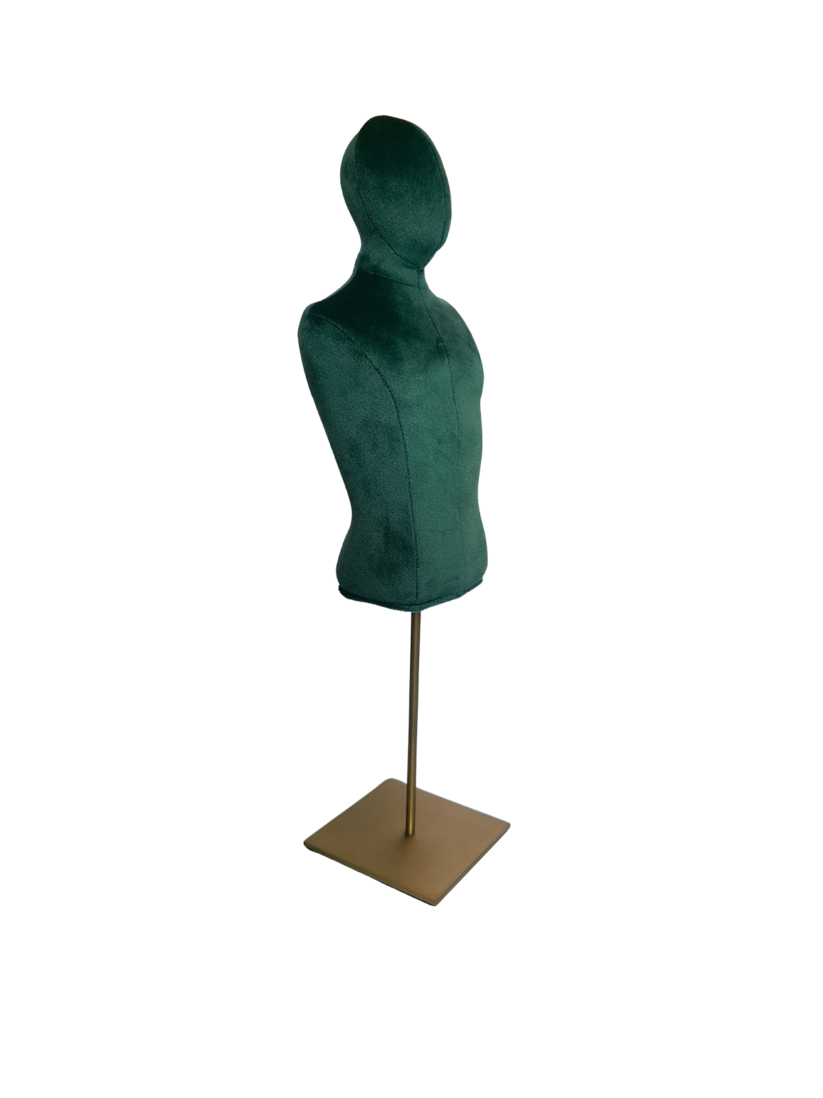 xintu-grüner-Samt-Mini-Männertorso-Display-Mannequin-mit-Metall-Quadratfuß Schräge Ansicht einer XINTU-Männerbüste, bezogen mit dunkelgrünem Samt, armlos, mit einem quadratischen Metallsockel.