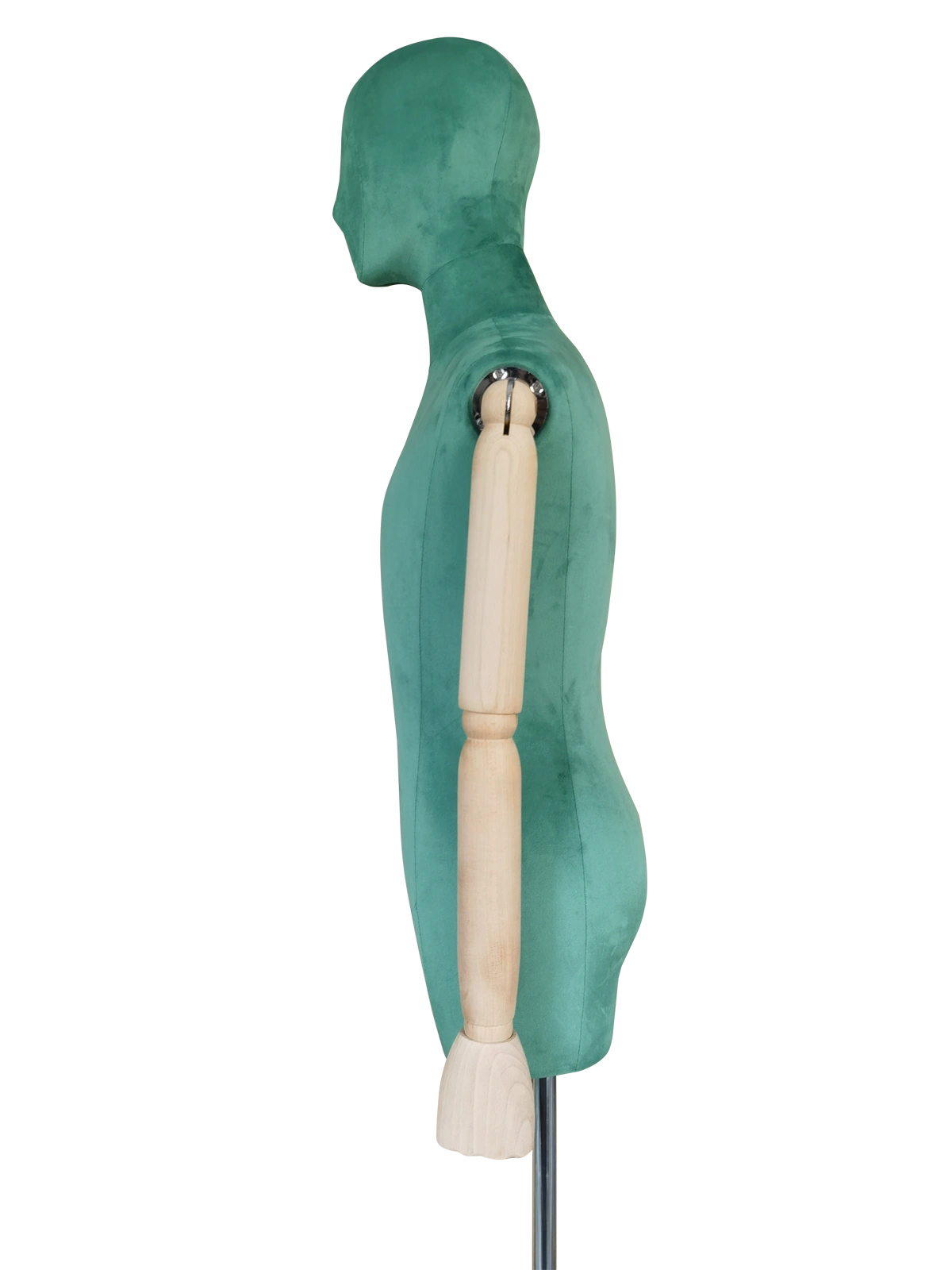 xintu-high-end-velvet-half-body-male-display-mannequin-articulated-wooden-arms-side-view XINTU high-end velvet half-body male mannequin with articulated wooden arms, side view.