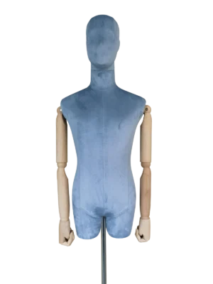 xintu-luxury-velvet-half-body-male-display-mannequin-adjustable-wooden-hands Манекен мужской половины тела XINTU с абстрактной головой из синего бархата, соответствующим торсом и шарнирными деревянными руками.