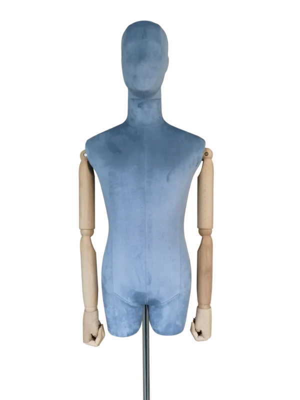 XINTU male half-body mannequin with a blue velvet abstract head, matching torso, and articulated wooden arms.