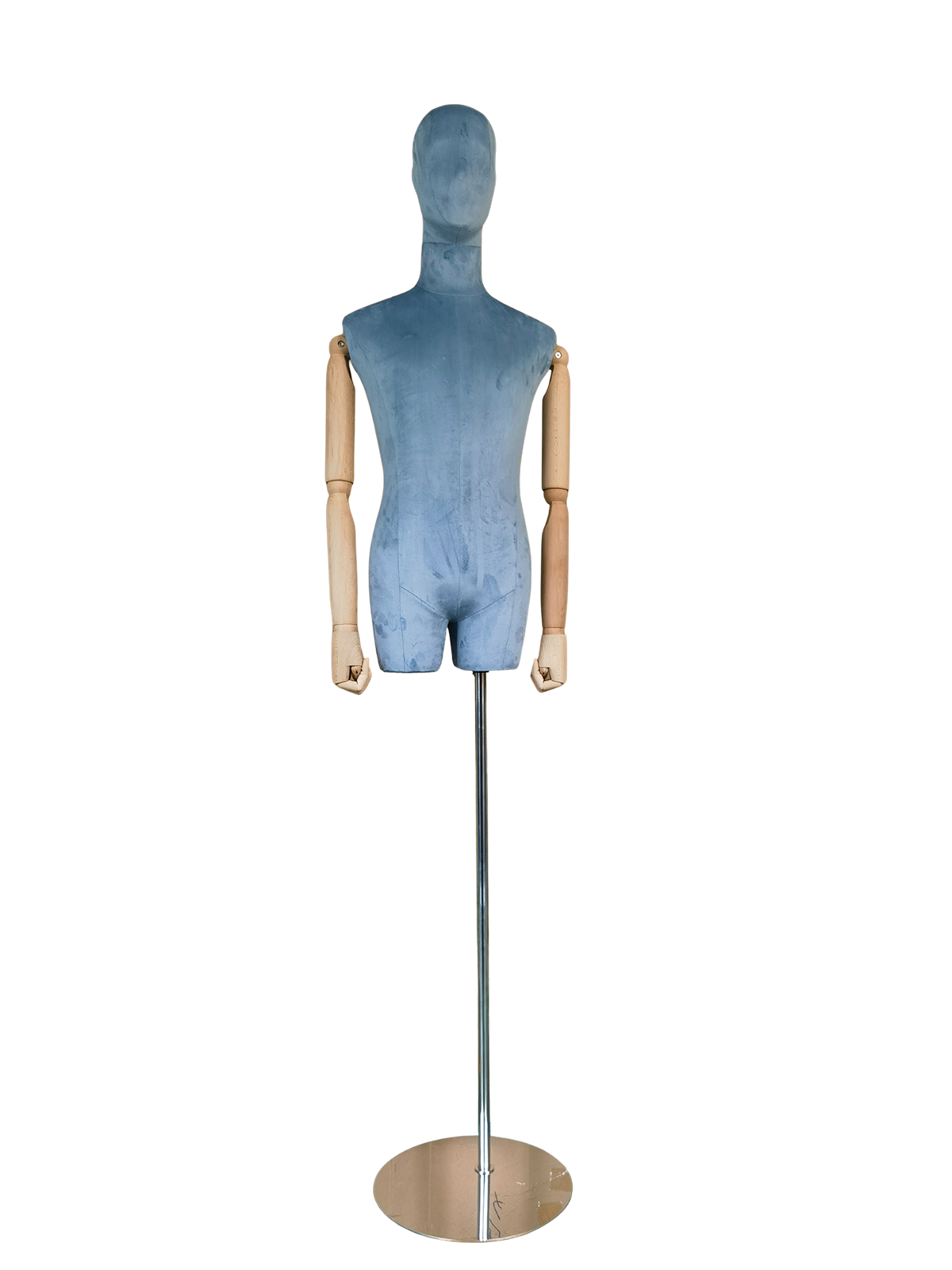 xintu-luxury-velvet-half-body-male-display-mannequin-adjustable-wooden-hands-round-metal-base Вид спереди на мужской манекен XINTU в форме полутела, обитый синим бархатом, с регулируемыми деревянными подлокотниками и круглым металлическим основанием.