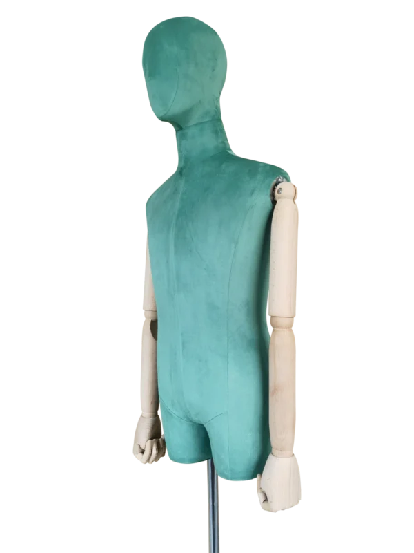xintu-luxury-velvet-half-body-male-display-mannequin-poseable-wooden-arms-angle-view xintu luxury velvet half-body male display mannequin poseable wooden arms angle view