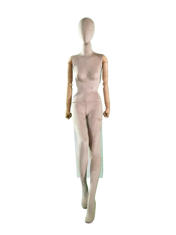 Front view of a XINTU full-body female mannequin, fabric-covered with an abstract head and articulated wooden arms, in a sitting pose.