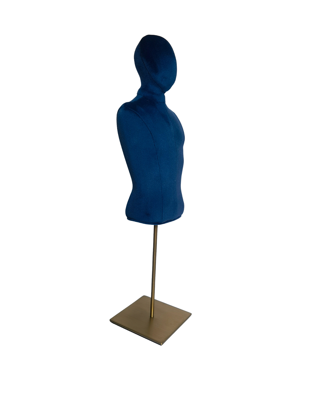 xintu-marineblauer-Samt-Mini-Männertorso-Schaufensterpuppe mit quadratischem Metallsockel Schräge Ansicht einer XINTU-Männerbüste, bezogen mit marineblauem Samt, armlos, mit einem quadratischen Metallsockel.