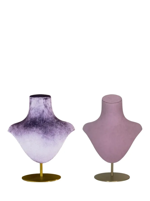 Necklace display busts in lilac velvet and pink suede on gold stands