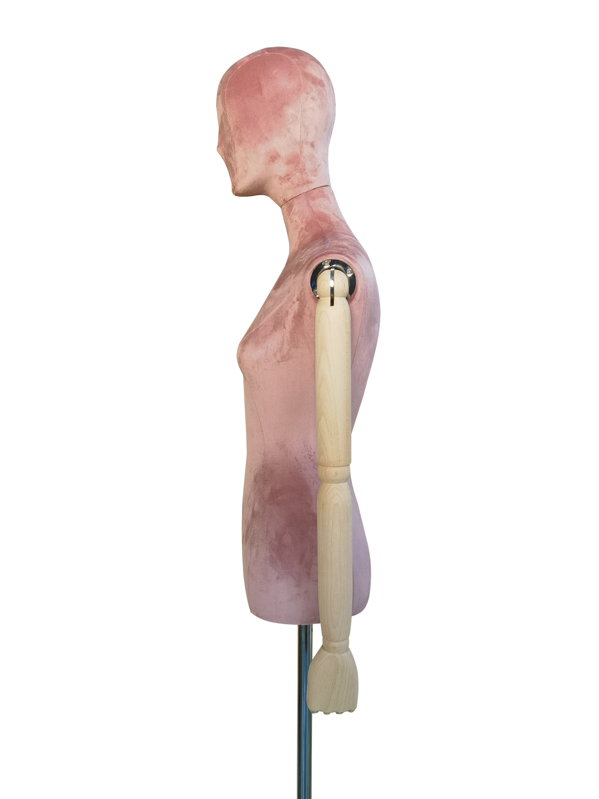 ด้านข้างของหุ่นจำลองลำตัวหญิงของ XINTU หุ้มด้วยผ้ากำมะหยี่สีชมพู มีหัวแบบนามธรรมและแขนไม้แบบขยับได้.