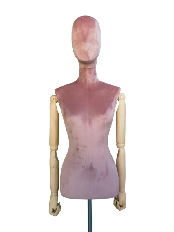 XINTU female torso mannequin with a pink velvet abstract head, matching torso, and articulated wooden arms.