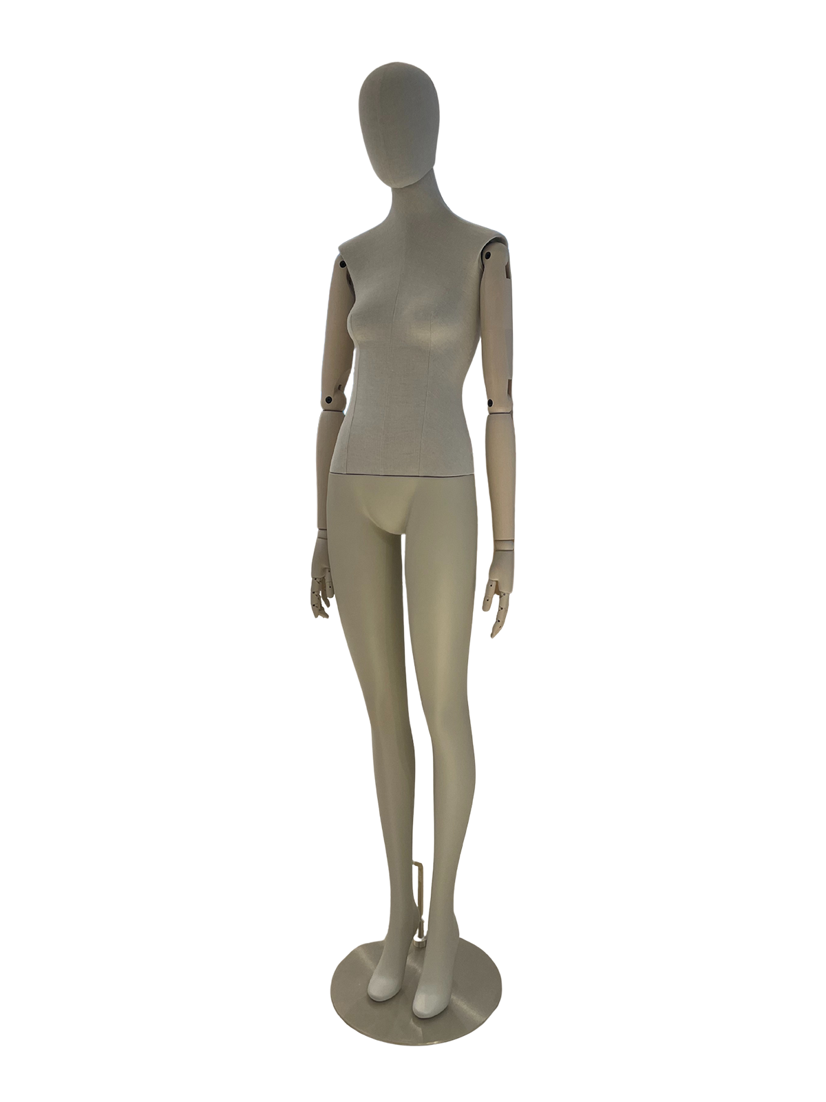 xintu-premium-curiel-manichino-da-esposizione-a-corpo-intero-femminile-torso-in-lino-braccia-verniciate-regolabili-base-rotonda-in-metallo-angolata manichino da esposizione a figura intera femminile Xintu Premium Curiel con busto in lino, braccia regolabili in legno verniciato e base rotonda in metallo